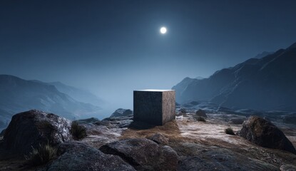 Foggy mountain landscape with a solitary dark textured cube on rocky terrain under moonlit sky