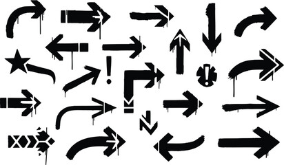 Large collection of black graffiti painted arrows various shapes and directions set on transparent background