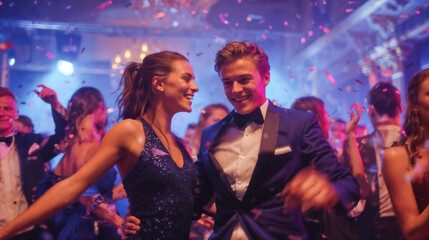 Naklejka premium Elegant couple dancing together at glamorous party celebration with confetti falling and crowd enjoying festive atmosphere with colorful lighting