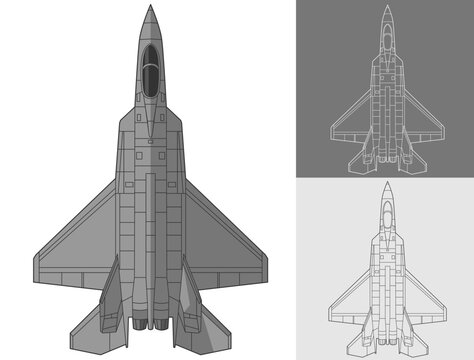 Set KAI KF 21 Boramae military aircraft design in blueprint, lineart and colored style from top view. Vector illustrations colorful fourth gen fighter jet. South korea 4.5 generation warplane.
