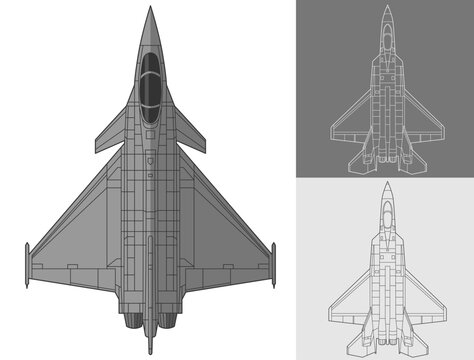 Set dassault rafale military aircraft design in blueprint, lineart and colored style from top view. Vector illustrations colorful fourth gen fighter jet. France 4.5 generation warplane.