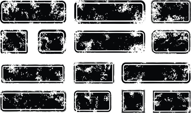 Collection of black grunge rubber stamp frames rectangles and squares with distressed texture on transparent background