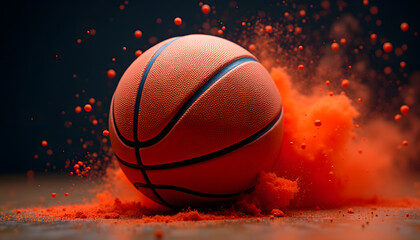 Fototapeta premium Basketball with orange powder explosion, dynamic sports concept on dark background