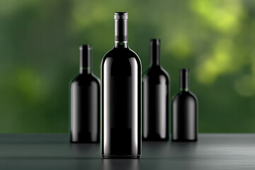 Elegant wine bottle silhouette with three blurred bottles in background, green bokeh, modern minimal style, moody atmosphere