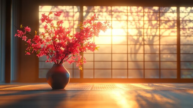 Pink blossoms in vase, sunrise through window