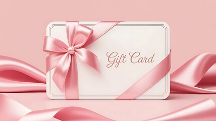 Elegant white gift card tied with a luxurious pink satin ribbon and bow, set against a soft pink background with flowing fabric