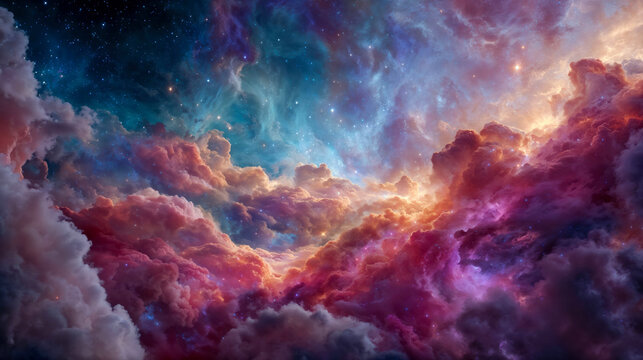Stunning cosmic nebula with vibrant pink, orange, and blue clouds illuminated by starlight in deep space creating dreamy celestial atmosphere