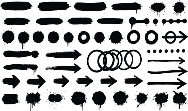 Large vector set of black grunge paint brush strokes arrows circles splatters and dripping ink design elements