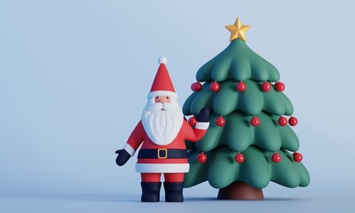 Santa Claus and Christmas tree 3d illustration on isolated blue background