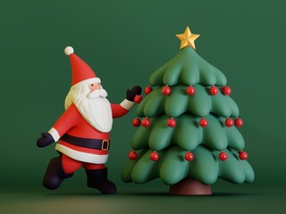 Santa Claus decorating Christmas tree 3d illustration on isolated green background