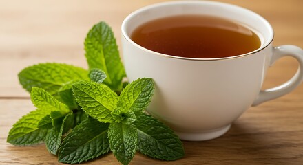 Refreshing Mint Tea in a White Cup with Fresh Mint Leaves.