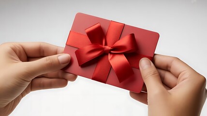 Closeup of hands presenting a vibrant red gift card adorned with a large satin bow against a light gray background