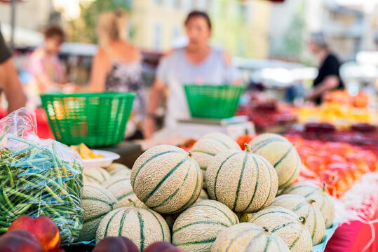 Cavaillon melons at a stall in a Provencal market in France