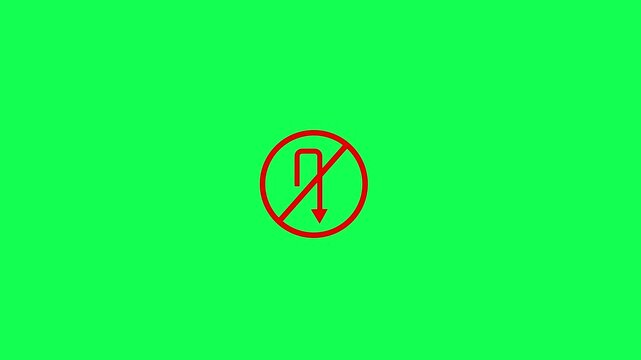 Traffic road no u turn sign isolated on green screen background. No u turn icon animation video..Animation Reflective Traffic Signs - No U-Turn