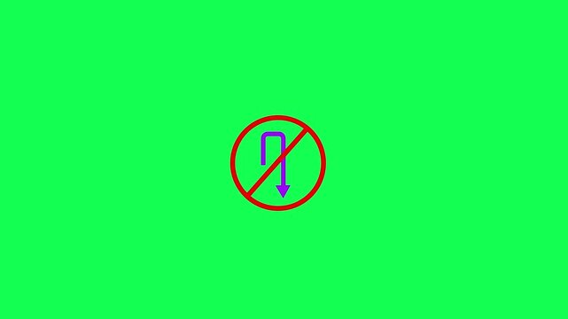 Traffic road no u turn sign isolated on green screen background. No u turn icon animation video..Animation Reflective Traffic Signs - No U-Turn