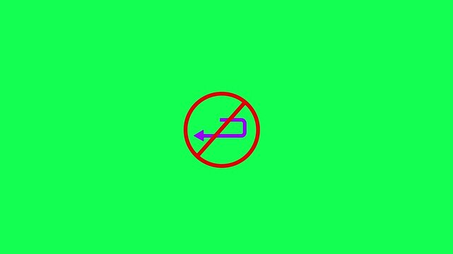 Traffic road no u turn sign isolated on green screen background. No u turn icon animation video..Animation Reflective Traffic Signs - No U-Turn