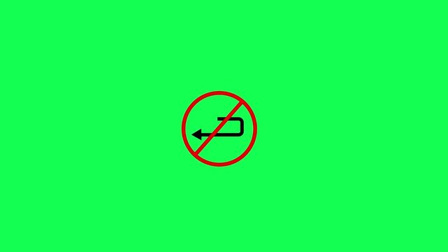 Traffic road no u turn sign isolated on green screen background. No u turn icon animation video..Animation Reflective Traffic Signs - No U-Turn