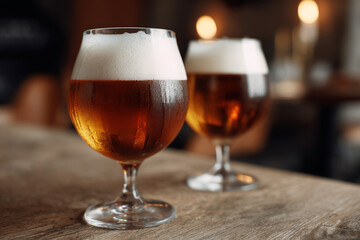 Traditional Belgian beer glasses on a rustic wood surface.