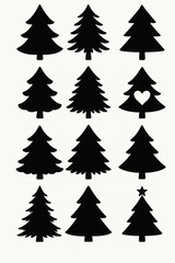 Obraz premium Christmas tree silhouette clipart set. Black Christmas tree drawing clip art collection in white background for xmas season pine tree flat icon decoration vector illustration.