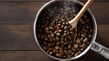Roasted coffee bean in metal pot with wooden spoon on dark wood table, aromatic and fresh, top view