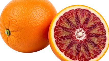 Whole and halved blood orange displaying vibrant deep red flesh closeup