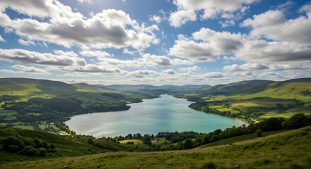 Scenic View of Lake Vyrnwy in Wales Under a Cloudy Sky.