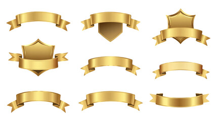 Set of golden ribbons and banners for awards isolated on transparent background