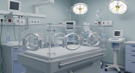 Modern Neonatal Intensive Care Unit with Incubator and Medical Equipment.