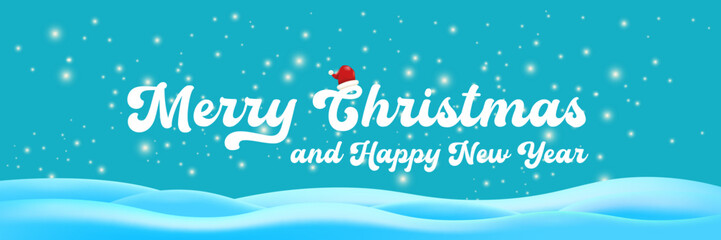 Merry Christmas and Happy New Year banner design template with snow background and greeting text . Cartoon Happy Holidays day poster, wide banner, card, background, banner, label png with quote