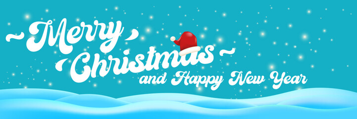 Merry Christmas and Happy New Year banner design template with snow background and greeting text . Cartoon Happy Holidays day poster, wide banner, card, background, banner, label png with quote