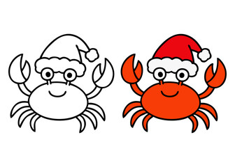 Dibujo sencillo con líneas de cangrejo simpático con sombrero de Santa Claus para tarjetas y felicitaciones de Navidad