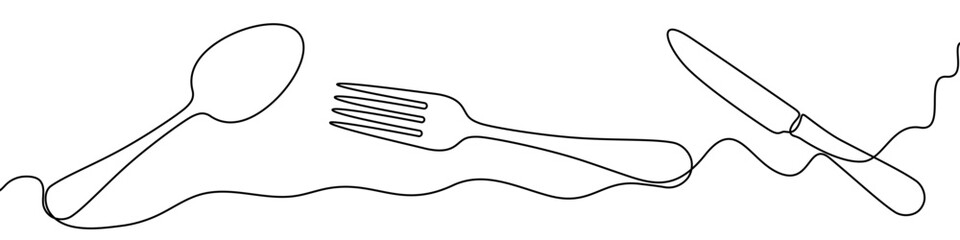 Table set spoon fork and knife in one line art style. Drawing with editable black stroke on white background. Vector illustration.