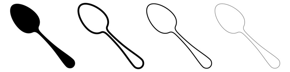 Spoon icon. Spoon icons, black silhouette and outline, isolated on white background. Vector illustration.
