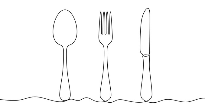 Table set spoon fork and knife in one line art style. Drawing with editable black stroke on white background. Vector illustration.