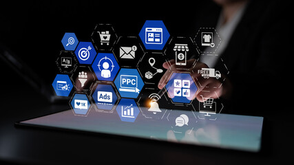 Concept of marketing online strategy using digital marketing, PPC campaigns, social media ads, and...