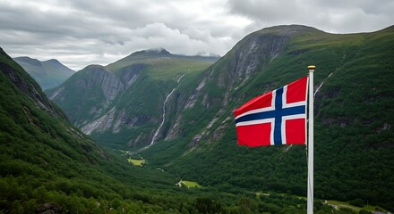 Norwegian Flag Waving Proudly in Scenic Mountain Landscape.