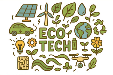 Eco-Tech Doodle Art. Eco-Tech. Hand-drawn doodle illustration of Eco-Tech. Solar panel, wind turbine, leaf,