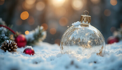 Empty glass ornament in snow with bokeh background