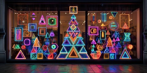 Festive Window Display with Geometric Lights: A captivating window display illuminates with colorful geometric shapes and neon lights.