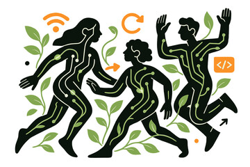 Nature-Tech Fusion. Cybio connection. Human silhouettes with circuit patterns intertwine with leaves and vines