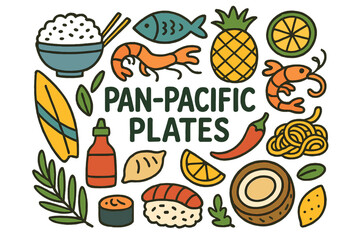 Pan-Pacific Culinary Delight. Pan-Pacific Plates. Hand-drawn doodle illustration of Pan-Pacific Plates. Rice