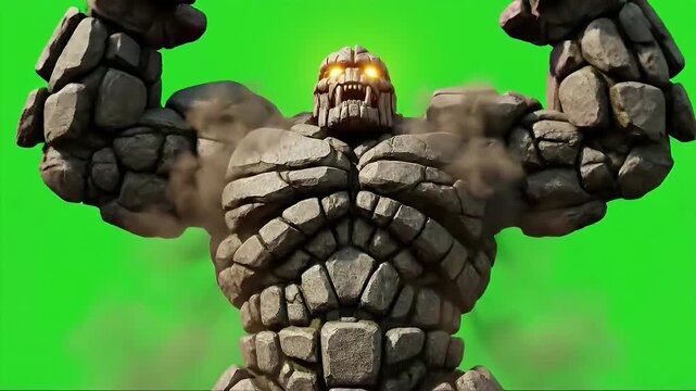 Cgi stone monster golem with muscular form and intense glowing eyes on green screen
