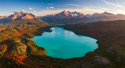 Turquoise Lake Surrounded by Autumn Mountains and Forest.