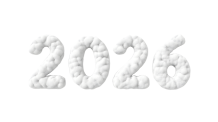 The year 2026 represented by fluffy white clouds against a white background.