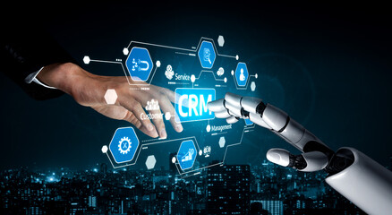 The image depicts a human hand reaching toward a robot hand, showcasing a digital CRM interface over a city landscape at night, symbolizing the fusion of technology and business. Tessel