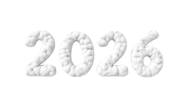 The year 2026 represented by fluffy white clouds against a white background. - Powered by Adobe