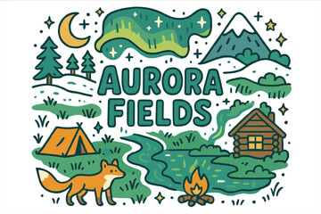 Doodle Aurora Fields. Aurora Fields. Hand-drawn doodle illustration of Aurora Fields. Northern lights, stars,