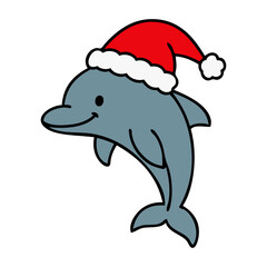 Dibujo sencillo con líneas de delfín simpático con sombrero de Santa Claus para tarjetas y felicitaciones de Navidad
