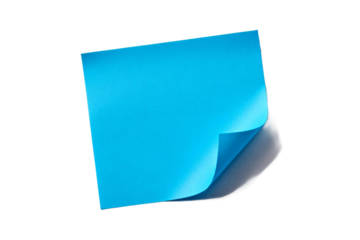 Blue sticky note with a curled corner on white background
