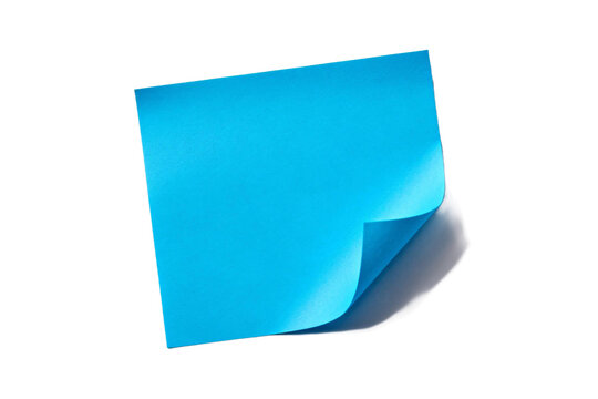 Blue sticky note with a curled corner on white background